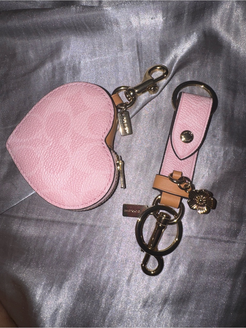 Coach powder Pink Heart Coin Pouch and Strap Keychain Set